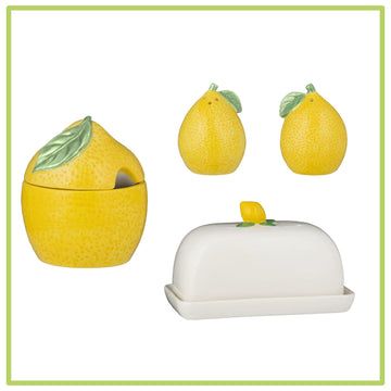 3-Set Amalfi Lemon Ceramic Butter Dish Salt Pepper Shakers Sugar Bowl