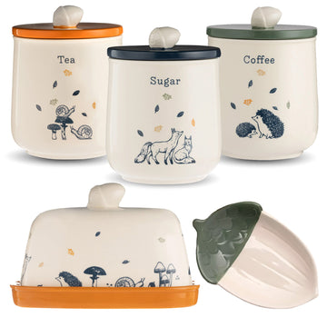 Set of 5 Woodland Ceramic Canisters Butter Dish & Spoon Rest