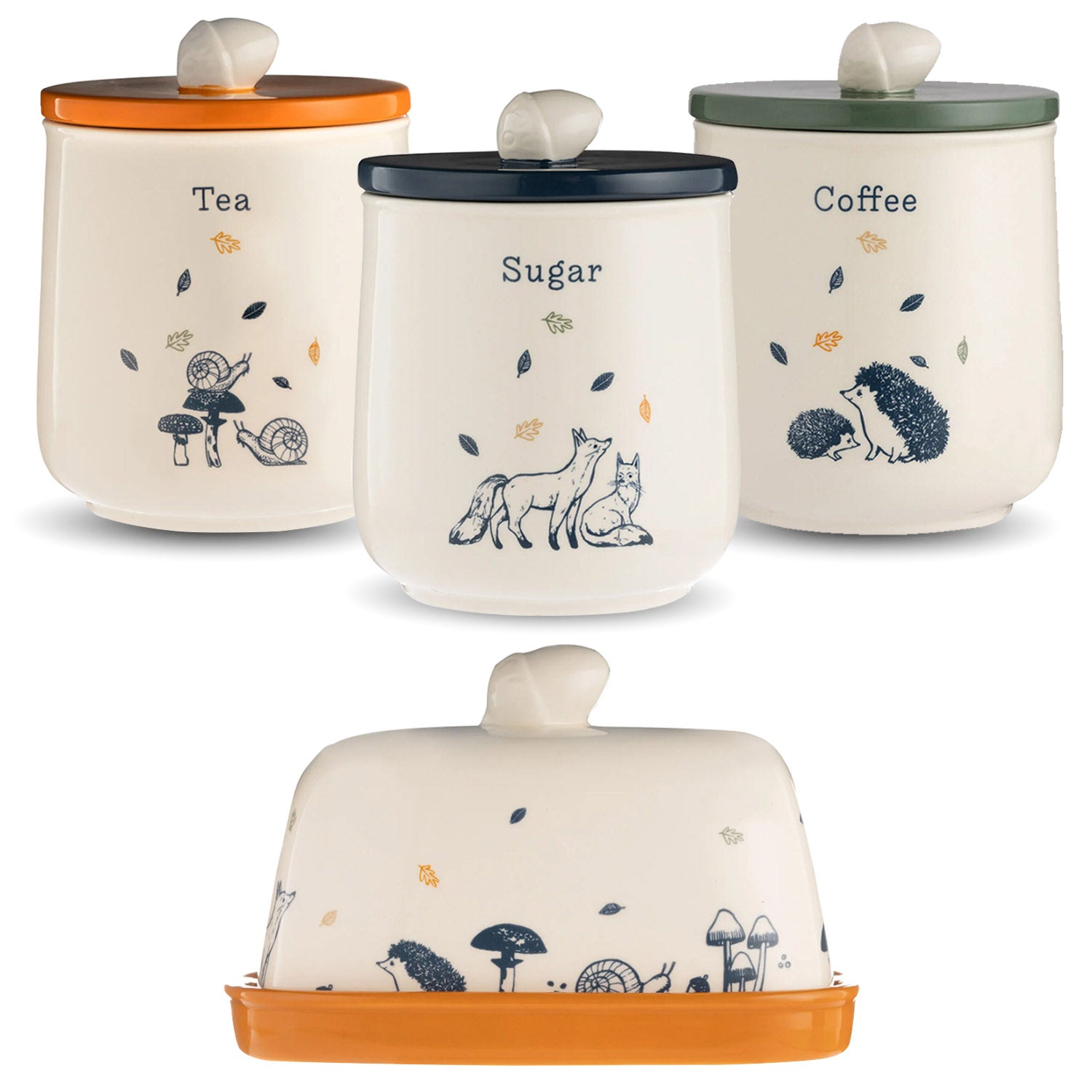 Set of 4 Woodland Ceramic Tea Coffee Sugar Canister & Butter Dish