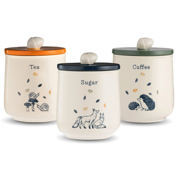 Set of 3 1L Woodland Ceramic Airtight Tea Coffee Sugar Canister