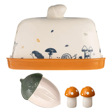 Set of 4 Woodland Ceramic Condiment Pots Butter Dish & Spoon Rest