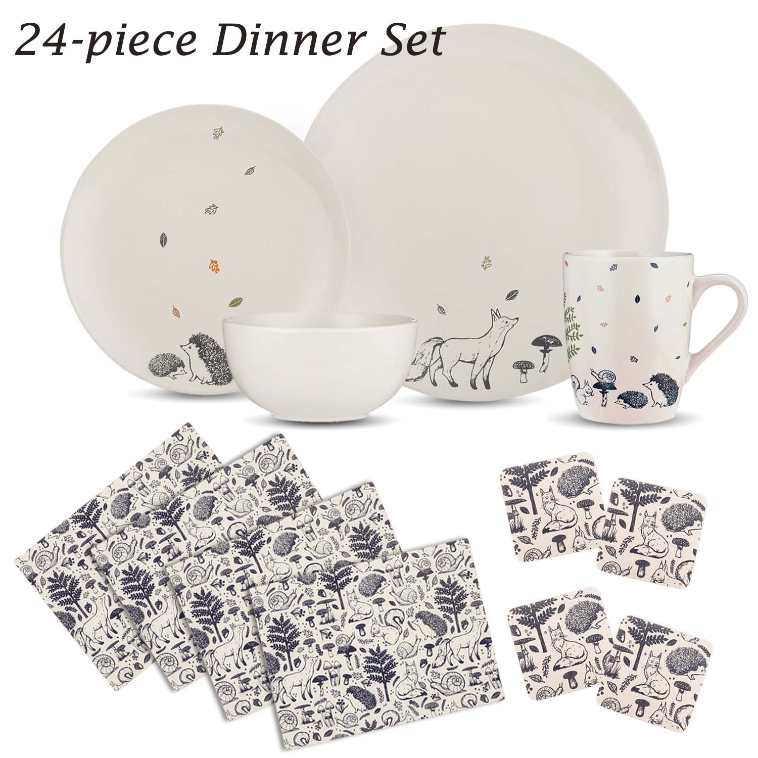 16Pc Woodland Stoneware Tableware With 8Pc Placemats & Coasters Set