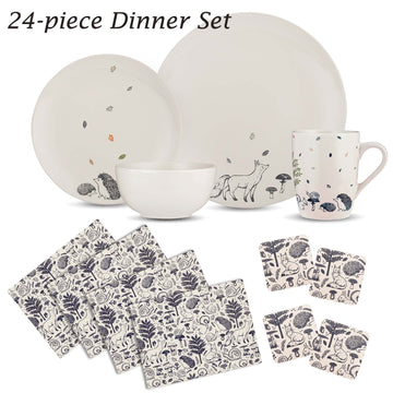 16Pc Woodland Stoneware Tableware With 8Pc Placemats & Coasters Set