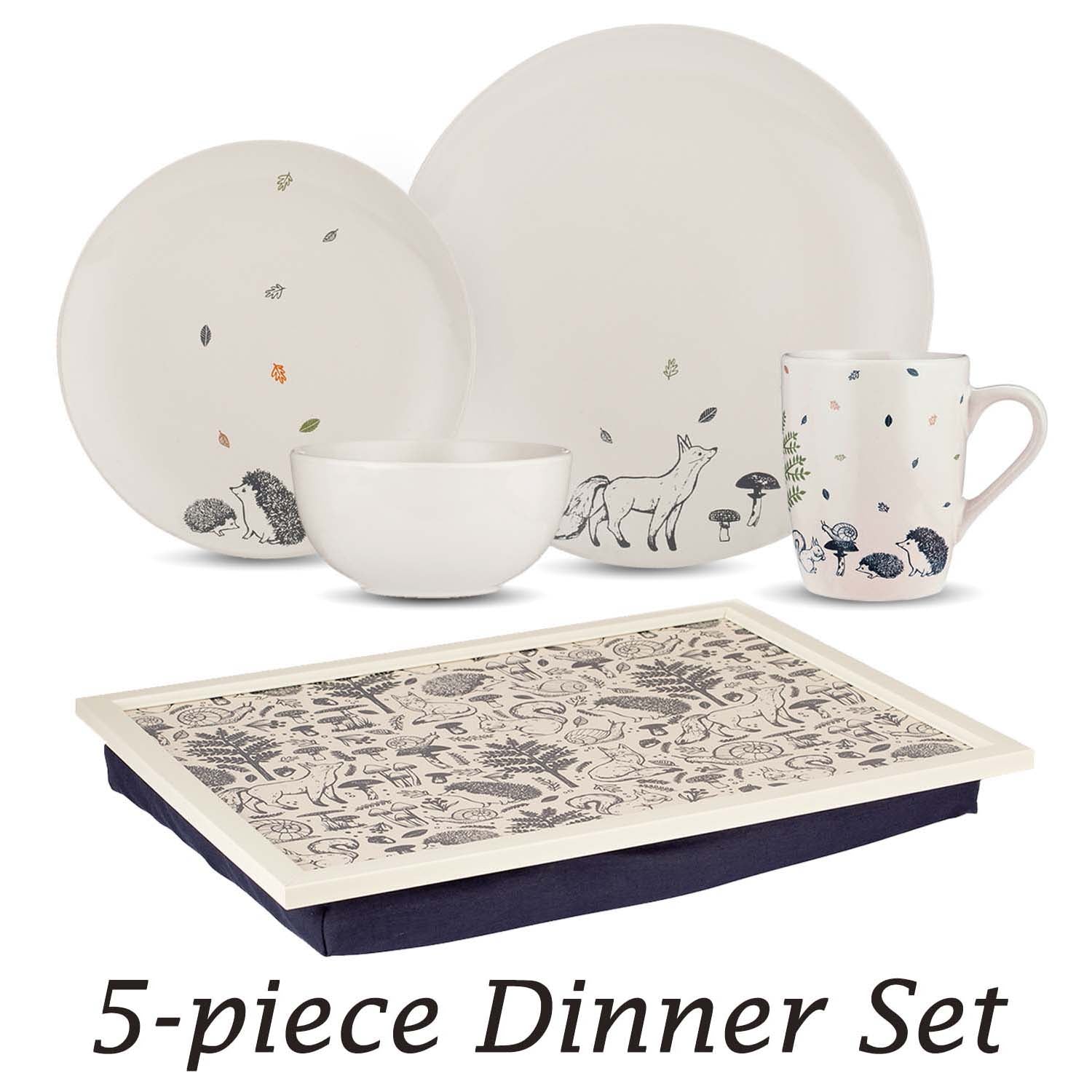 4Pc Woodland Stoneware Tableware & 1Pc Laptray