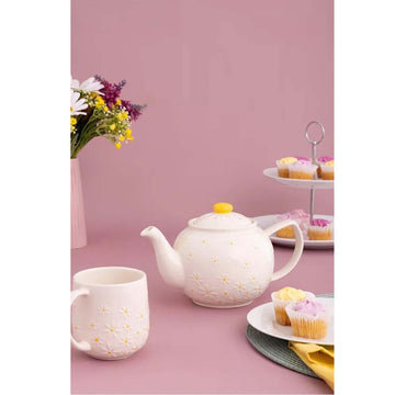 Cream & Yellow Textured Daisy 6Cup Ceramic Teapot With Handle