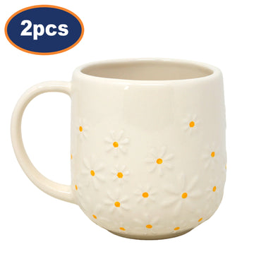 2Pcs 320ml Cream & Yellow Textured Daisy Ceramic Tea Mugs