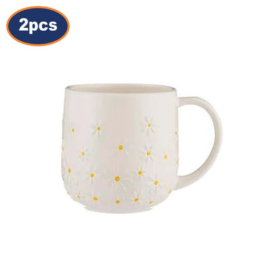 2Pcs 320ml Cream & Yellow Textured Daisy Ceramic Tea Mugs