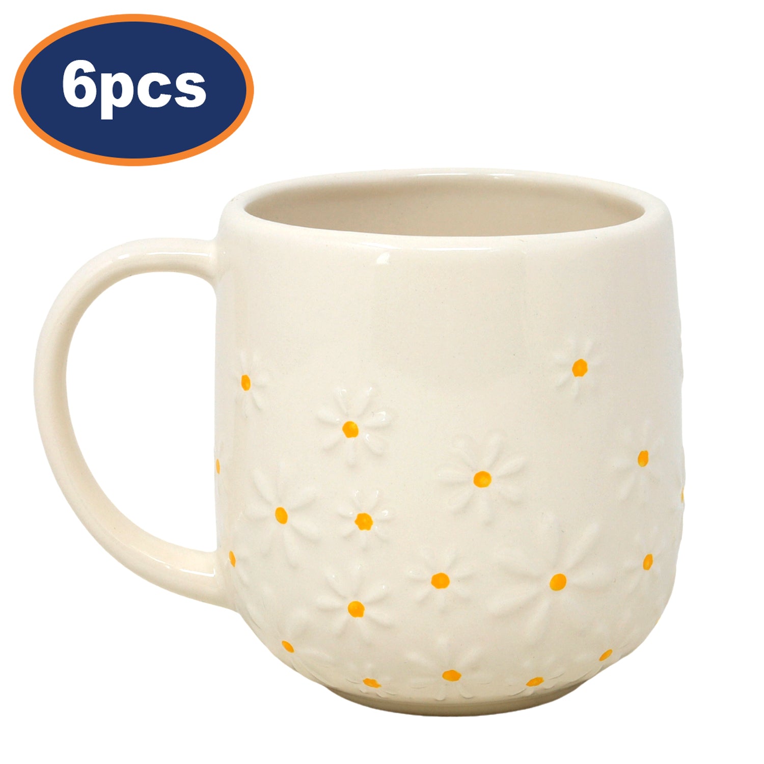6Pcs 320ml Cream & Yellow Textured Daisy Ceramic Tea Mugs