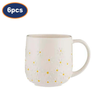 6Pcs 320ml Cream & Yellow Textured Daisy Ceramic Tea Mugs