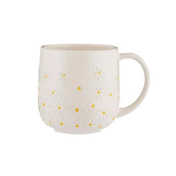 4Pcs 320ml Cream & Yellow Textured Daisy Ceramic Tea Mugs