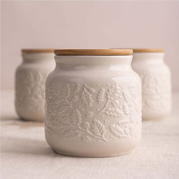 3Pcs 700ml Stoneware Embossed Acorn Tea Sugar Coffee Airtight Storage Jars