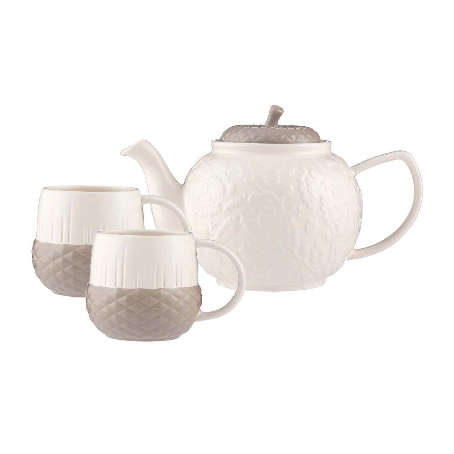 3Pc Stoneware Embossed Acorn Design 1100ml Teapot & 360ml Mugs Set