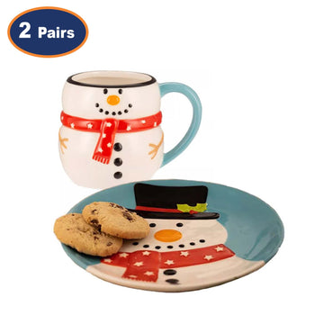 4Pc Christmas Snowman Ceramic Mug & Dessert Plate Set