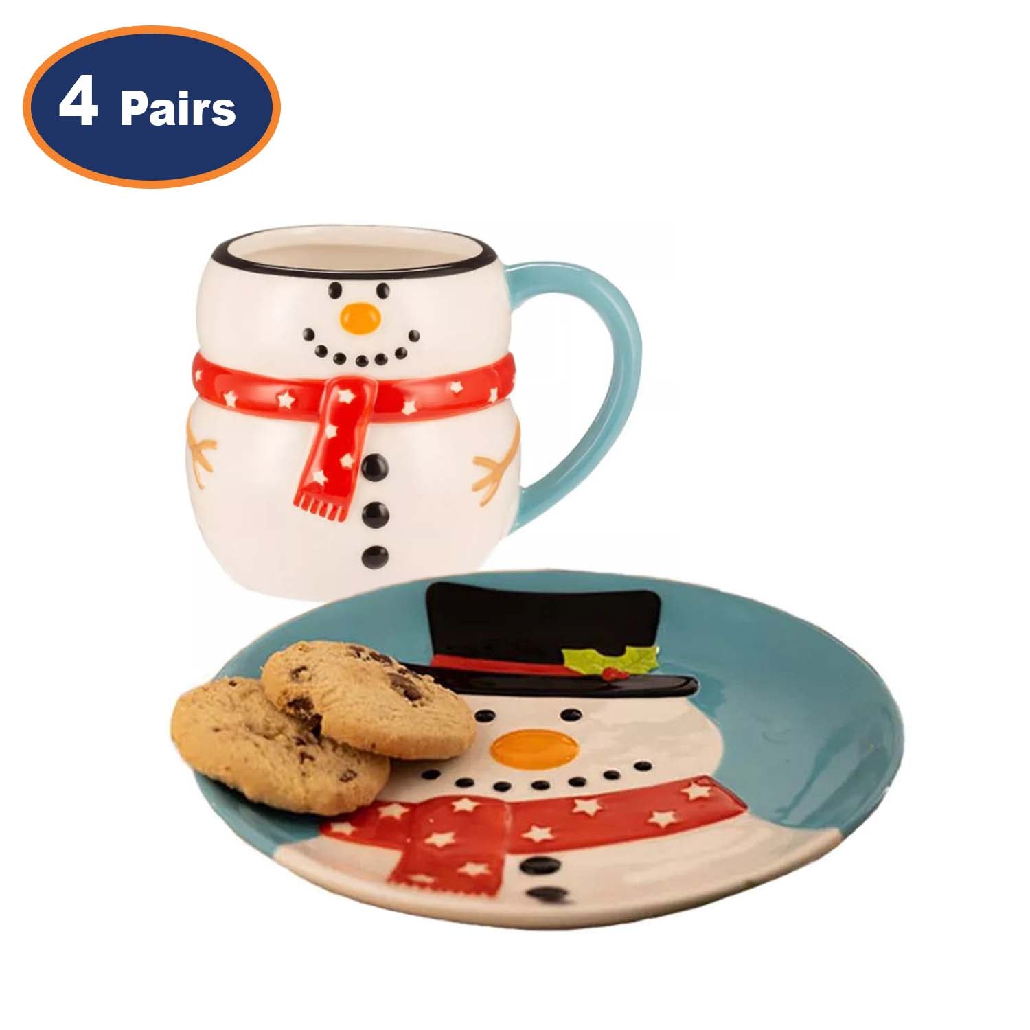 8Pc Christmas Snowman Ceramic Mug & Dessert Plate Set