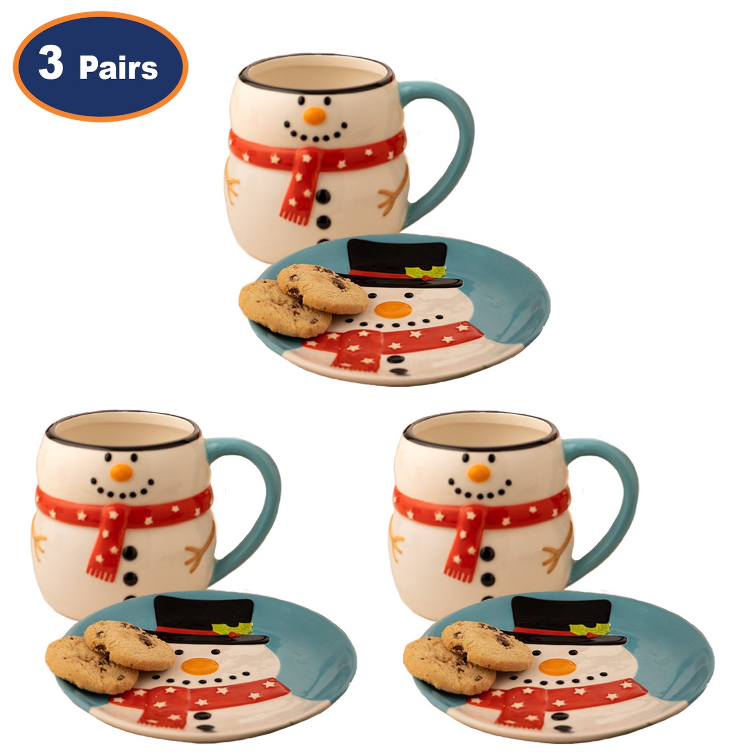 6Pc Christmas Snowman Ceramic Mug & Dessert Plate Set