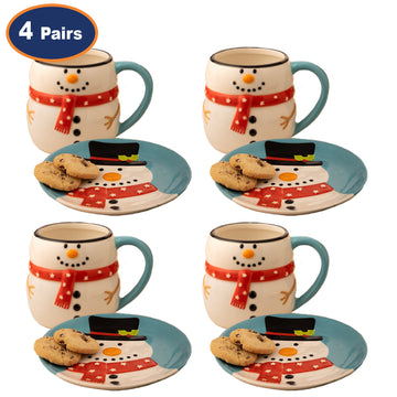 8Pc Christmas Snowman Ceramic Mug & Dessert Plate Set