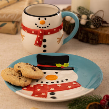 4Pc Christmas Snowman Ceramic Mug & Dessert Plate Set