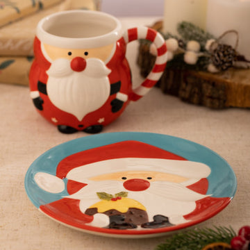 6Pc Father Christmas Ceramic Mug & Dessert Plate Set