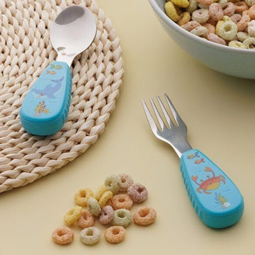 Sea Life Themed Stainless Steel Silicone Handle Kids Spoon & Fork Set