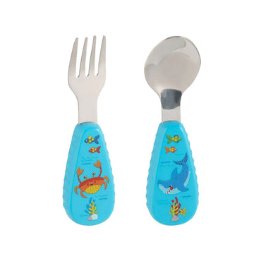 Sea Life Themed Stainless Steel Silicone Handle Kids Spoon & Fork Set