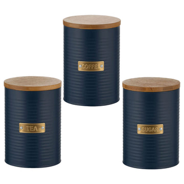 Steel Blue Ribbed Labelled Coffee Sugar Tea Canister Set With Airtight Lid