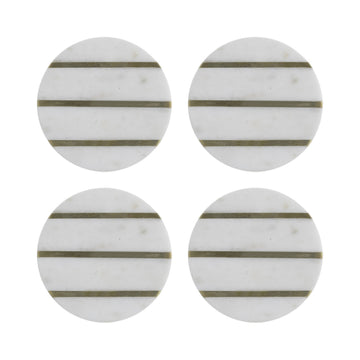 Set Of 4 Elements Marble/Brass Round Mugs Coasters