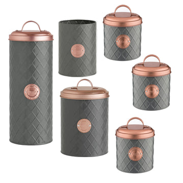 6pcs Henrik Copper Grey Tea Coffee Sugar Canisters Utensil Holder & Pasta Jar Set