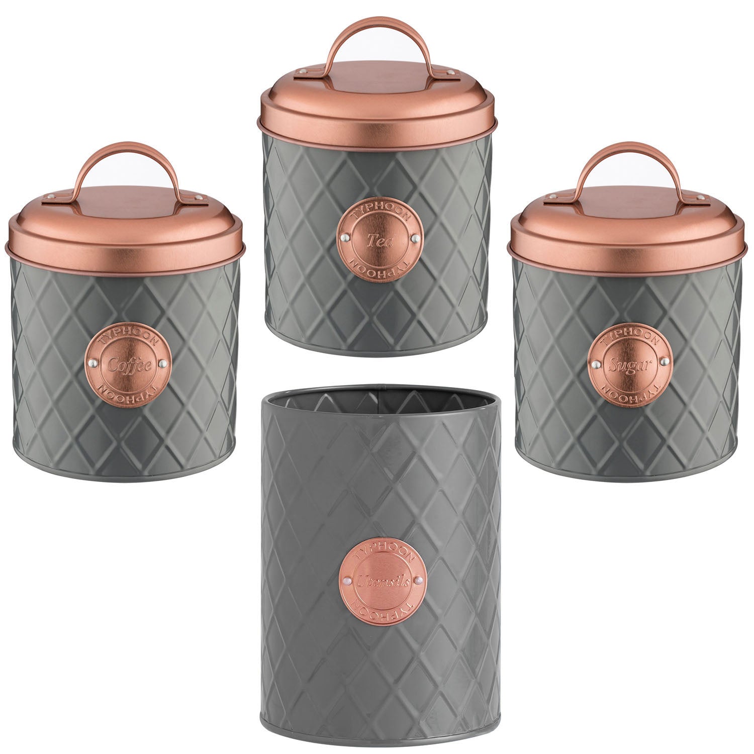 Set of 4 Henrik Copper Grey Tea Coffee Sugar Canisters & Utensil Holder Set