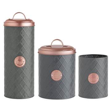 3pcs Henrik Copper Grey Biscuit Tin Pasta Storage & Utensil Jar Set