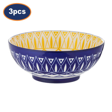 3Pcs World Foods 20cm Yellow & Tunis Blue Stoneware Serving Bowls