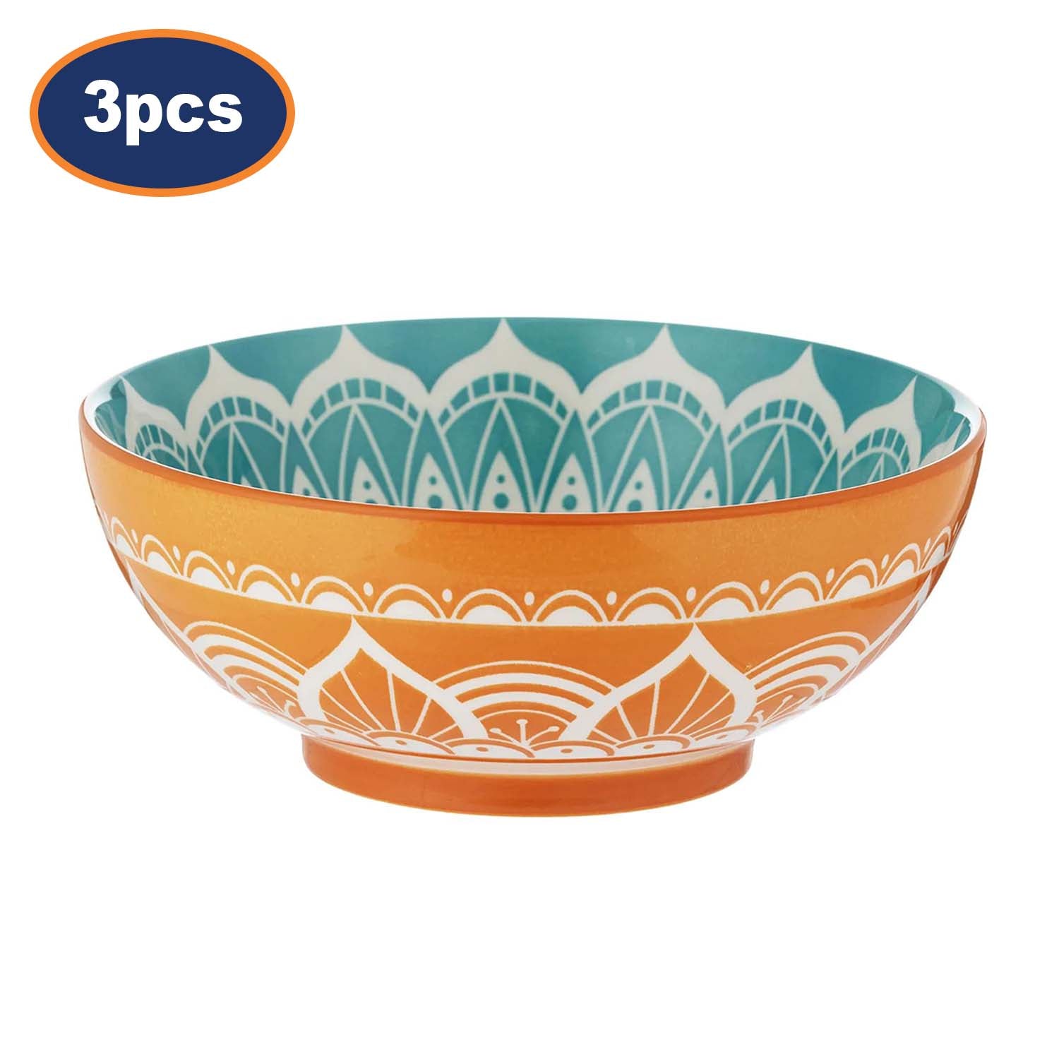 3Pcs World Foods 20cm Green & India Orange Stoneware Serving Bowls