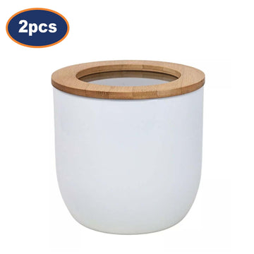 2Pcs 2L White Carbon Steel Airtight Food Storage Canister With Bamboo Lid