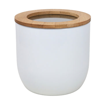 2L White Carbon Steel Airtight Food Storage Canister With Bamboo Lid