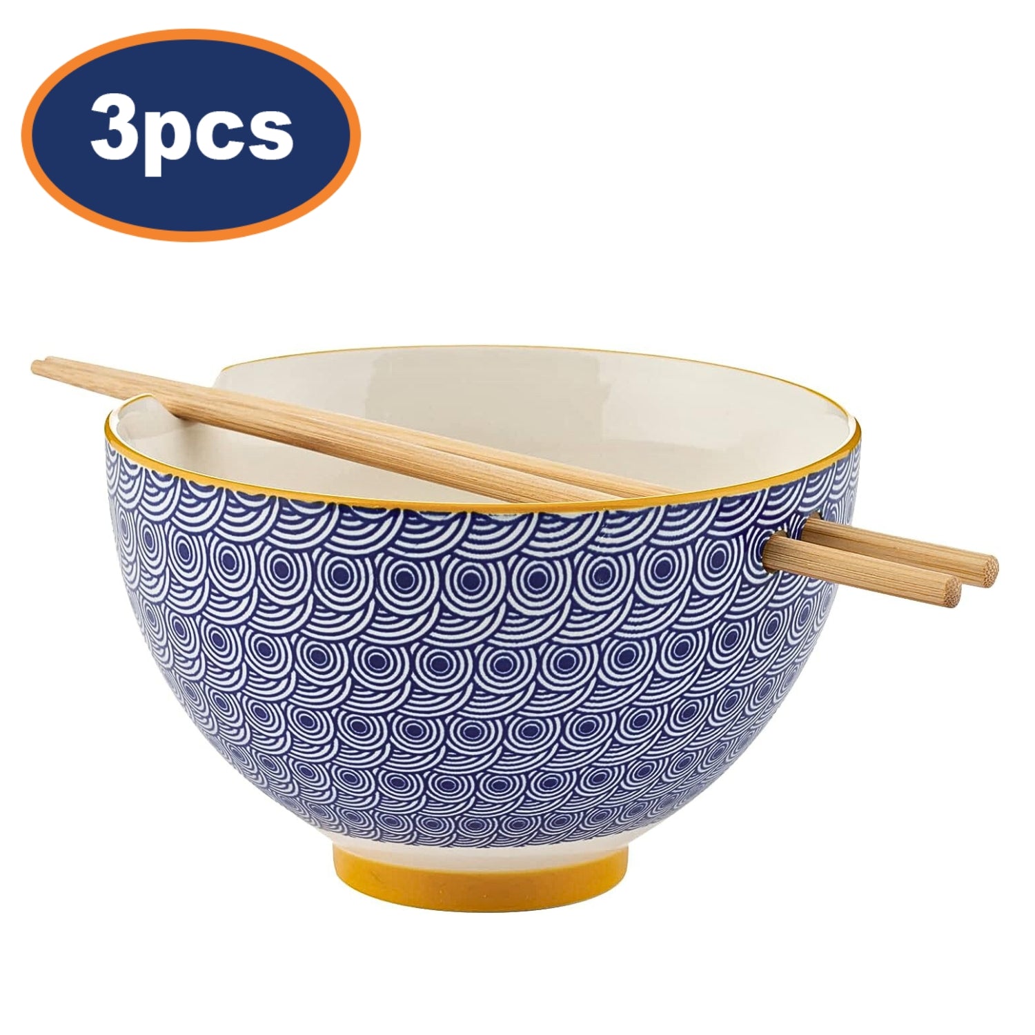 3Pcs 16.5cm World Foods Blue Noodle Rice Serving Bowl