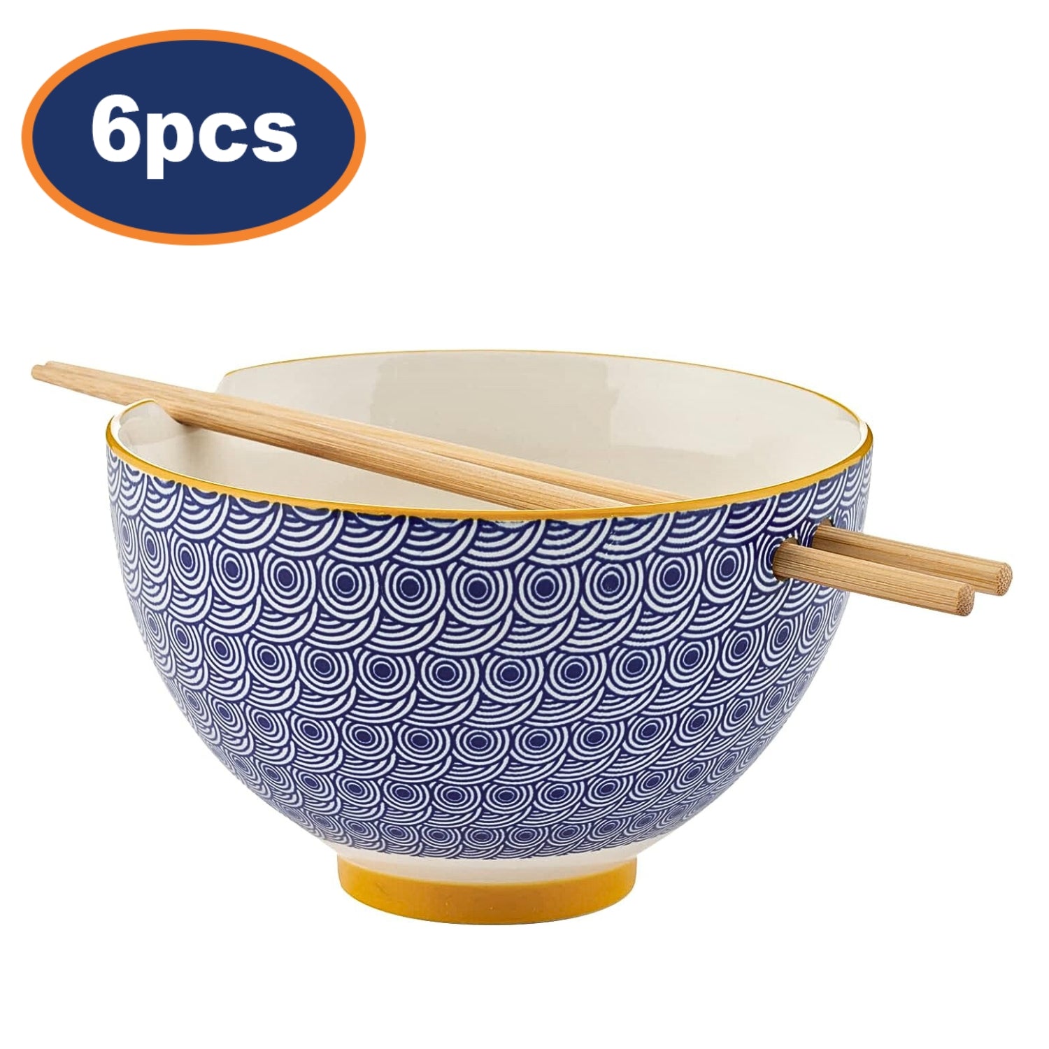 6Pcs 16.5cm World Foods Blue Noodle Rice Serving Bowl