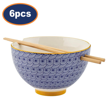 6Pcs 16.5cm World Foods Blue Noodle Rice Serving Bowl