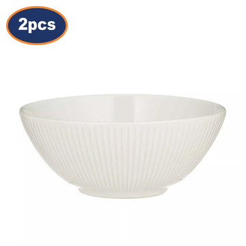 2Pcs White Stoneware Linear Round Cereal Bowls