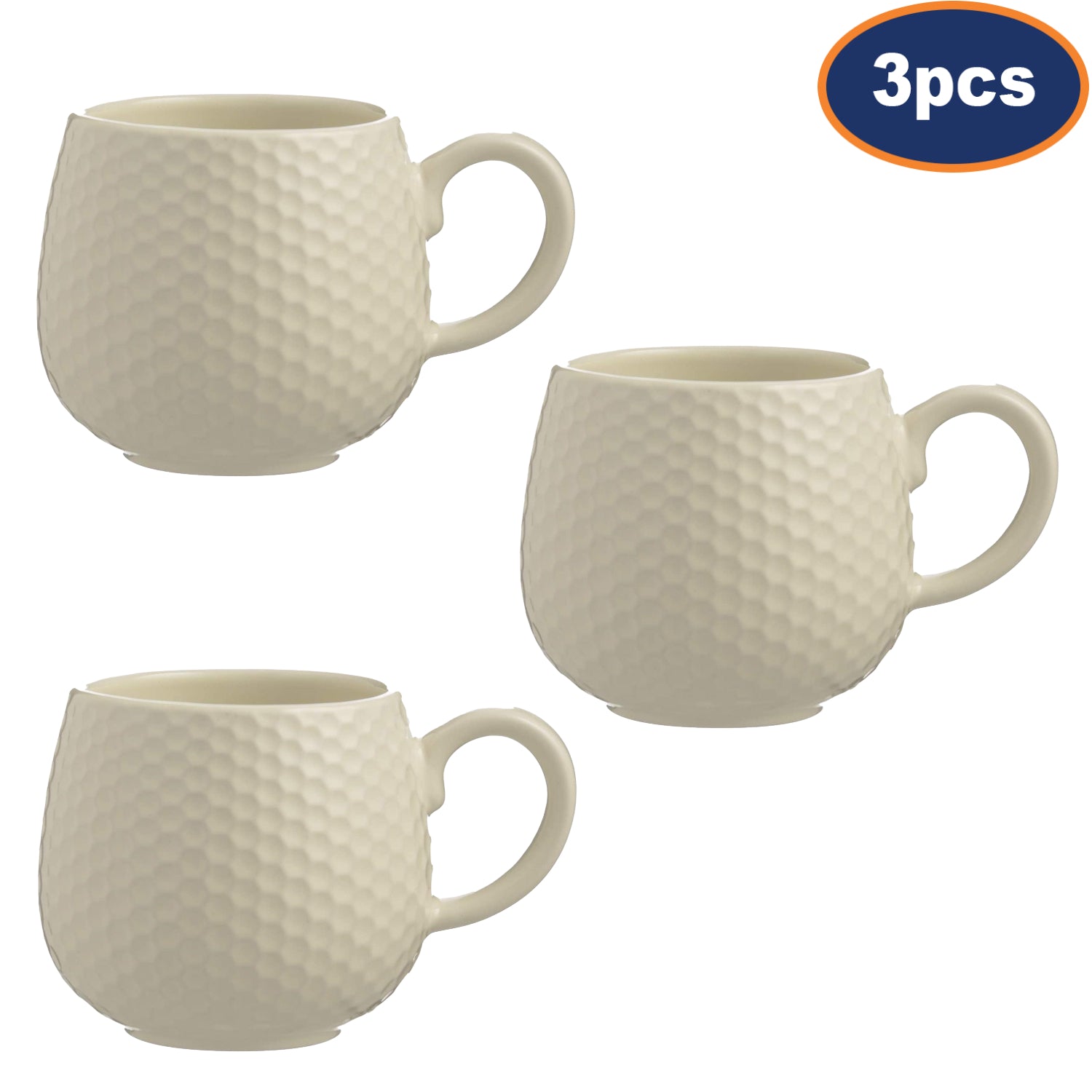 3Pcs 350ml Stoneware Cream Embossed Honeycomb Mugs