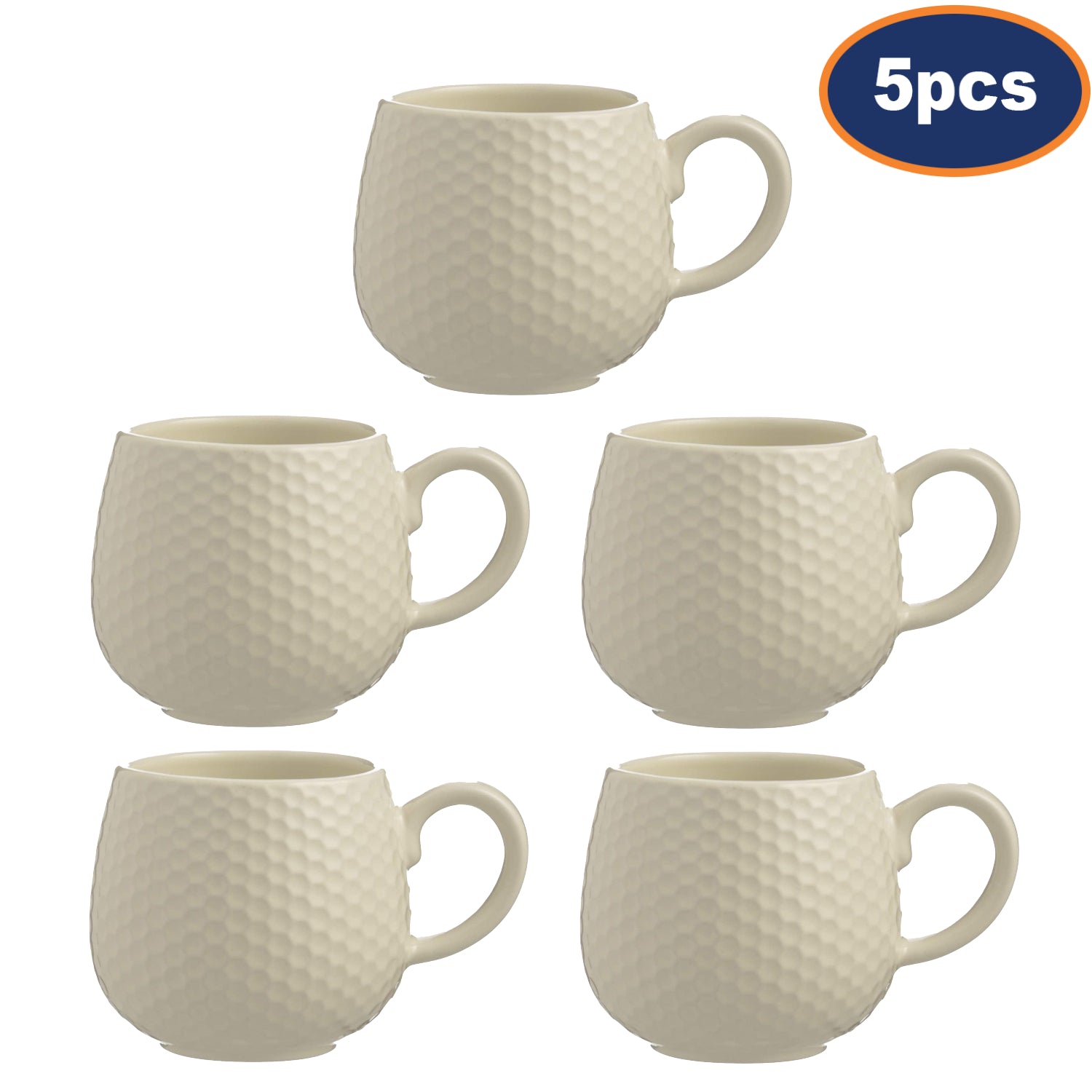 5Pcs 350ml Stoneware Cream Embossed Honeycomb Mugs