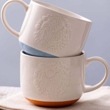 2Pcs 350ml Cream & Orange Stoneware Farm Hen Coffee Mugs