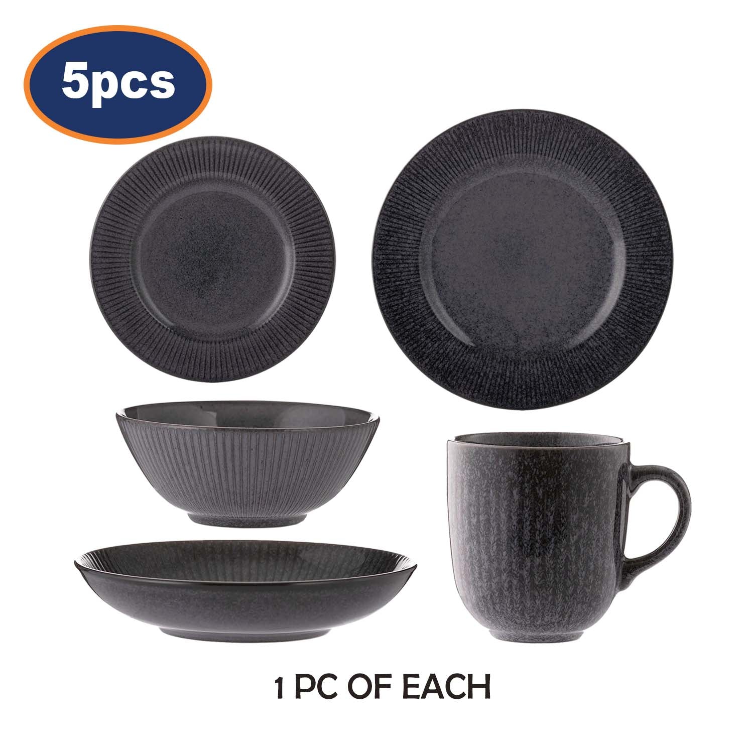 5Pc Black Reactive Glaze Stoneware Dinner Set