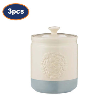 3Pcs 1L Cream & Blue Stoneware Farm Cockerel Coffee Tea Sugar Airtight Canisters