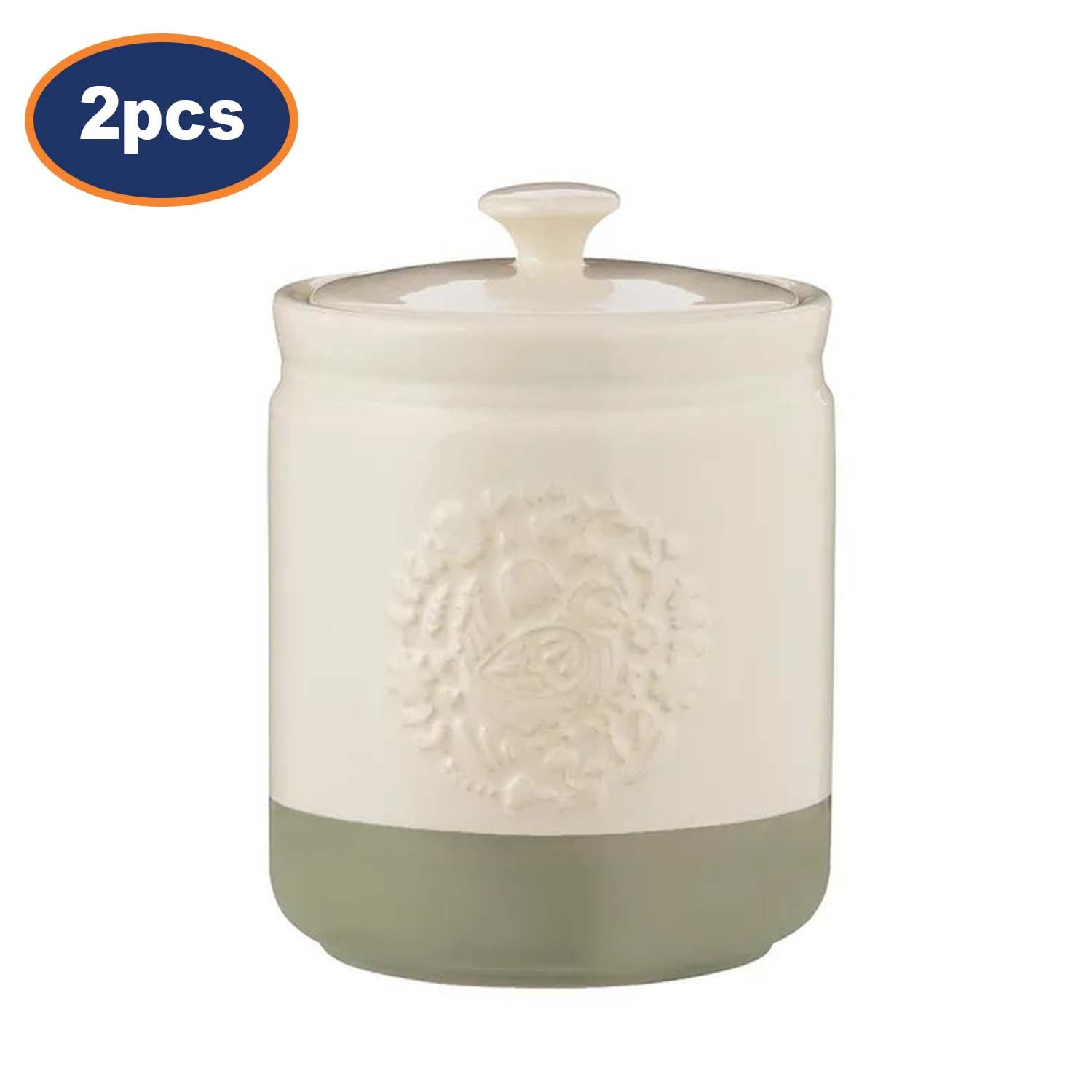 2Pcs 1.5L Cream & Sage Green Stoneware Farm Cockerel Hen Airtight Canisters