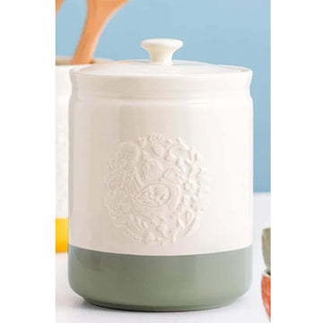 3Pcs 1.5L Cream & Sage Green Stoneware Farm Cockerel Hen Airtight Canisters