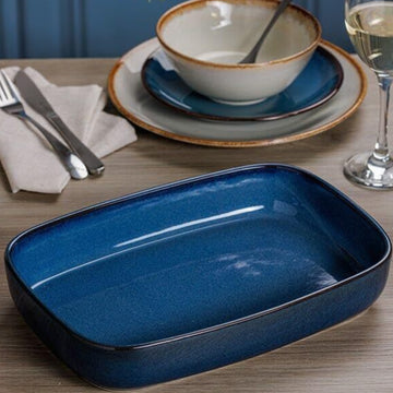 2Pcs 32cm Reactive Glaze Blue 2-Litres Rectangle Baking Oven Dish