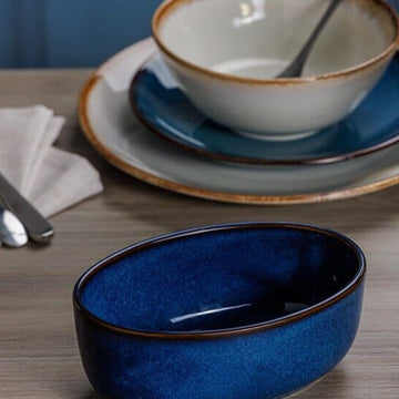 2Pcs18cm Stoneware Reactive Glaze Blue 650ml Oval Baking Oven Dish