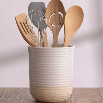 Cream & Beige Stoneware Debossed Heart Design Utensil Holder