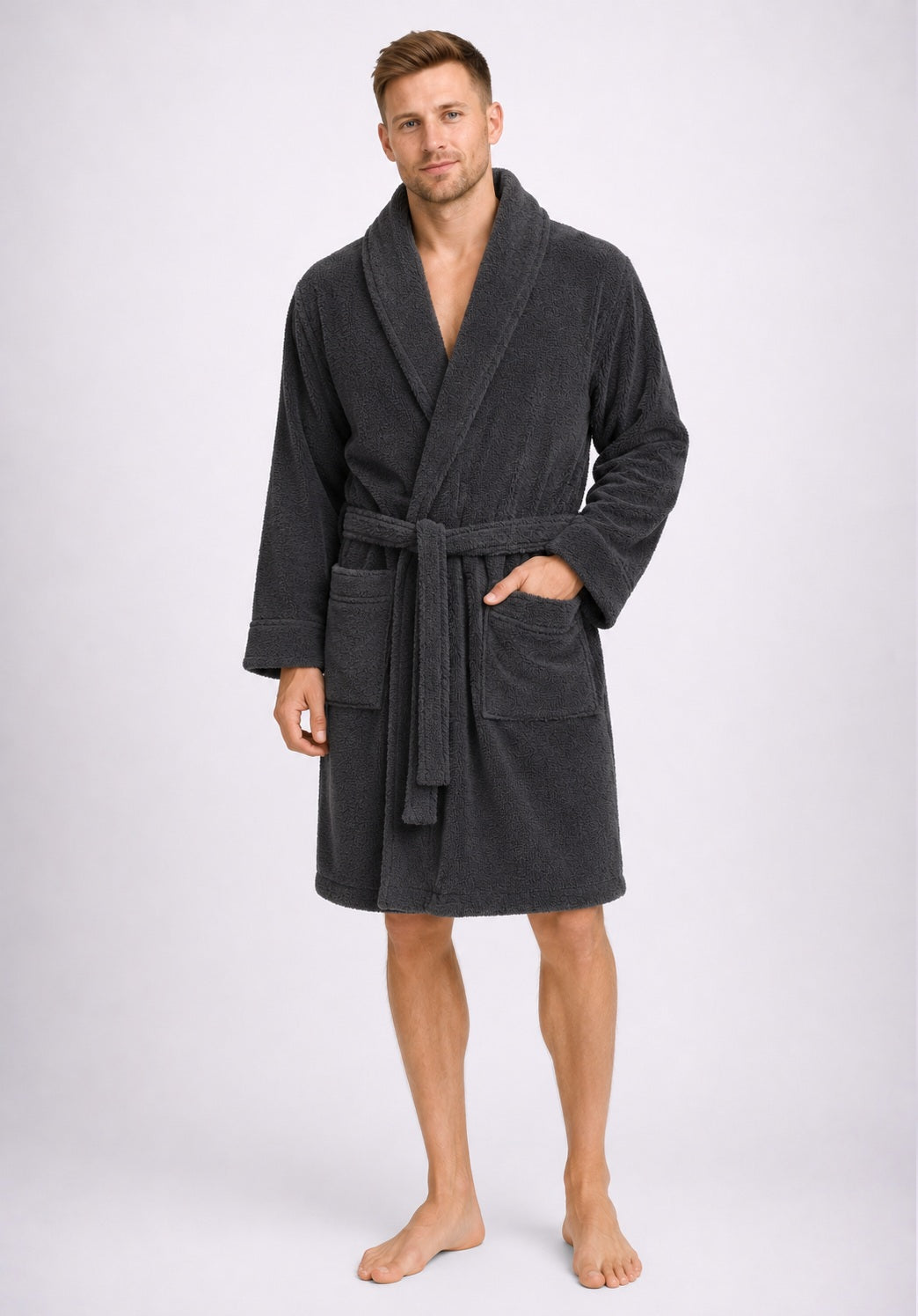 Terry Towelling Bathrobe Cotton Shawl Collar Dressing Gown, Grey