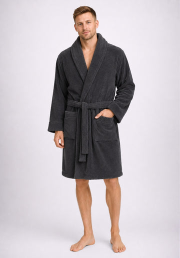 Terry Towelling Bathrobe Cotton Shawl Collar Dressing Gown, Grey