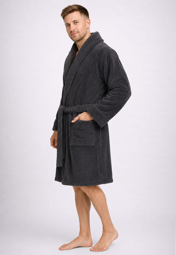 Terry Towelling Bathrobe Cotton Shawl Collar Dressing Gown, Grey